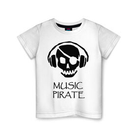 Детская футболка хлопок с принтом Music pirate , 100% хлопок | круглый вырез горловины, полуприлегающий силуэт, длина до линии бедер | Тематика изображения на принте: music pirate (светящаяся) | музыка | пиратская музыка | прикольные картинки | череп наушники | черепа