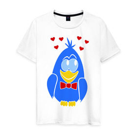Мужская футболка хлопок с принтом Влюбленный голубь (парная) , 100% хлопок | прямой крой, круглый вырез горловины, длина до линии бедер, слегка спущенное плечо. | влюбленный голубок | влюбленный голубь (парная) | голубок | голубь | любовь | птичка | сердечки