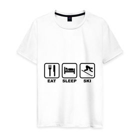 Мужская футболка хлопок с принтом Eat Sleep Ski (Еда, Сон, Лыжи) , 100% хлопок | прямой крой, круглый вырез горловины, длина до линии бедер, слегка спущенное плечо. | eat sleep ski | горнолыжная тема | еда | лыжи | сноуборд | сон | спорт