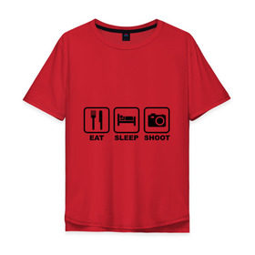 Мужская футболка хлопок Oversize с принтом Eat Sleep Shoot (Ешь, Спи, Фотографируй) , 100% хлопок | свободный крой, круглый ворот, “спинка” длиннее передней части | eat sleep shoot | вилка | ешь | кровать | снимок | сон | спи | фотоаппарат | фотографируй