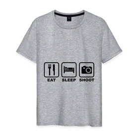 Мужская футболка хлопок с принтом Eat Sleep Shoot (Ешь, Спи, Фотографируй) , 100% хлопок | прямой крой, круглый вырез горловины, длина до линии бедер, слегка спущенное плечо. | eat sleep shoot | вилка | ешь | кровать | снимок | сон | спи | фотоаппарат | фотографируй