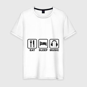 Мужская футболка хлопок с принтом Eat Sleep Music (Еда, Сон, Музыка) , 100% хлопок | прямой крой, круглый вырез горловины, длина до линии бедер, слегка спущенное плечо. | eat sleep music | еда | кровать | музыка | наушники | сон