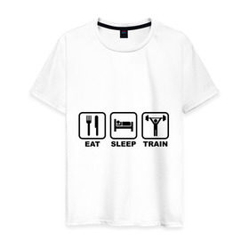 Мужская футболка хлопок с принтом Eat Sleep Train (Ешь, Спи, Тренируйся) , 100% хлопок | прямой крой, круглый вырез горловины, длина до линии бедер, слегка спущенное плечо. | Тематика изображения на принте: eat sleep train | ешь | силовой спорт | спи | спорт | тренируйся