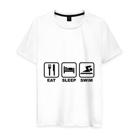 Мужская футболка хлопок с принтом Eat Sleep Swim (Еда, Сон, Плавание) , 100% хлопок | прямой крой, круглый вырез горловины, длина до линии бедер, слегка спущенное плечо. | eat sleep swim | вилка | водный спорт | еда | кровать | плавание | сон | спорт