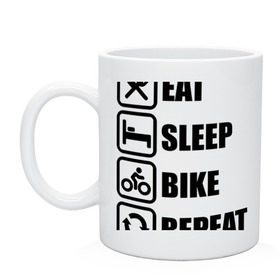 Кружка с принтом Eat Sleep Bike Repeat , керамика | объем — 330 мл, диаметр — 80 мм. Принт наносится на бока кружки, можно сделать два разных изображения | bike | eat | eat sleep bike repeat | repeat | sleep | велоспорт | кровать | спорт