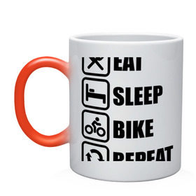 Кружка хамелеон с принтом Eat Sleep Bike Repeat , керамика | меняет цвет при нагревании, емкость 330 мл | bike | eat | eat sleep bike repeat | repeat | sleep | велоспорт | кровать | спорт