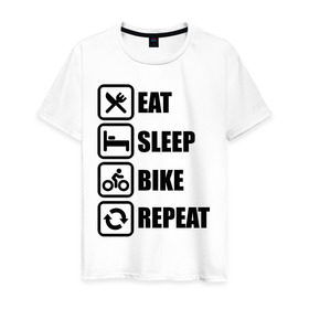 Мужская футболка хлопок с принтом Eat Sleep Bike Repeat , 100% хлопок | прямой крой, круглый вырез горловины, длина до линии бедер, слегка спущенное плечо. | Тематика изображения на принте: bike | eat | eat sleep bike repeat | repeat | sleep | велоспорт | кровать | спорт
