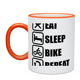 Кружка двухцветная с принтом Eat Sleep Bike Repeat , керамика | объем — 330 мл, диаметр — 80 мм. Цветная ручка и кайма сверху, в некоторых цветах — вся внутренняя часть | bike | eat | eat sleep bike repeat | repeat | sleep | велоспорт | кровать | спорт
