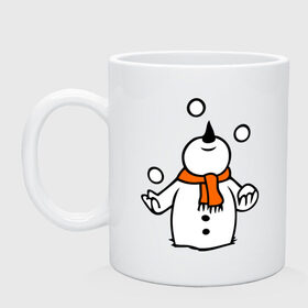 Кружка с принтом Снеговик играет в снежки. , керамика | объем — 330 мл, диаметр — 80 мм. Принт наносится на бока кружки, можно сделать два разных изображения | новый год | новый год 2014 | подарки | снег | снеговик | снеговик играет в снежки | снежки