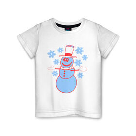 Детская футболка хлопок с принтом Снеговик , 100% хлопок | круглый вырез горловины, полуприлегающий силуэт, длина до линии бедер | Тематика изображения на принте: 2014 | веселый снеговичек | зима | новый год | свет | снег | снеговик | снеговичек | снежинка