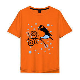 Мужская футболка хлопок Oversize с принтом Снегирь на ветке рябины , 100% хлопок | свободный крой, круглый ворот, “спинка” длиннее передней части | ветка | зима | птица | рябина | снег | снегирь на ветке рябины