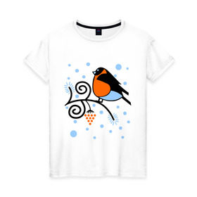 Женская футболка хлопок с принтом Снегирь на ветке рябины , 100% хлопок | прямой крой, круглый вырез горловины, длина до линии бедер, слегка спущенное плечо | ветка | зима | птица | рябина | снег | снегирь на ветке рябины