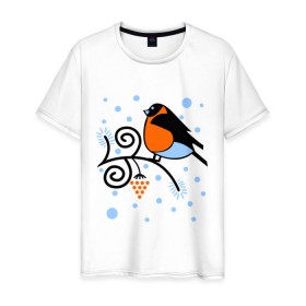 Мужская футболка хлопок с принтом Снегирь на ветке рябины , 100% хлопок | прямой крой, круглый вырез горловины, длина до линии бедер, слегка спущенное плечо. | ветка | зима | птица | рябина | снег | снегирь на ветке рябины