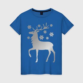 Женская футболка хлопок с принтом Олень , 100% хлопок | прямой крой, круглый вырез горловины, длина до линии бедер, слегка спущенное плечо | новогодний подарок | олень и  снежинки | с новым годом | северный олень | снег | снежинки