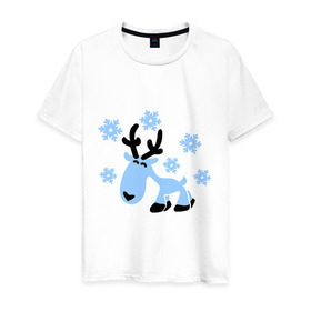Мужская футболка хлопок с принтом Няшный олень. , 100% хлопок | прямой крой, круглый вырез горловины, длина до линии бедер, слегка спущенное плечо. | Тематика изображения на принте: новогодний подарок | няшный олень | олень | олень и снег | с новым годом | снег | снежинки