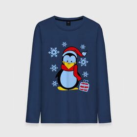 Мужской лонгслив хлопок с принтом Пингвин в новогодней шапке , 100% хлопок |  | пингвин