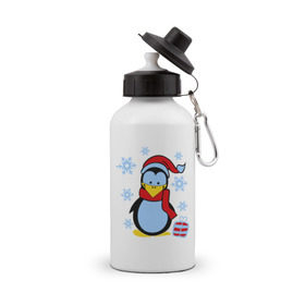 Бутылка спортивная с принтом Пингвин в новогодней шапке , металл | емкость — 500 мл, в комплекте две пластиковые крышки и карабин для крепления | пингвин