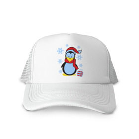 Кепка тракер с сеткой с принтом Пингвин в новогодней шапке , трикотажное полотно; задняя часть — сетка | длинный козырек, универсальный размер, пластиковая застежка | пингвин