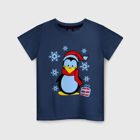 Детская футболка хлопок с принтом Пингвин в новогодней шапке , 100% хлопок | круглый вырез горловины, полуприлегающий силуэт, длина до линии бедер | пингвин