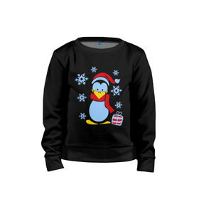 Детский свитшот хлопок с принтом Пингвин в новогодней шапке , 100% хлопок | круглый вырез горловины, эластичные манжеты, пояс и воротник | Тематика изображения на принте: пингвин