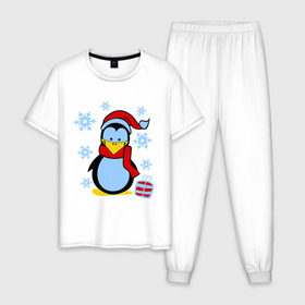 Мужская пижама хлопок с принтом Пингвин в новогодней шапке , 100% хлопок | брюки и футболка прямого кроя, без карманов, на брюках мягкая резинка на поясе и по низу штанин
 | пингвин
