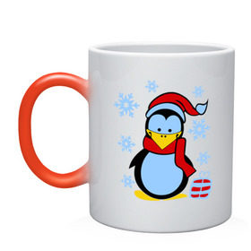 Кружка хамелеон с принтом Пингвин в новогодней шапке , керамика | меняет цвет при нагревании, емкость 330 мл | пингвин