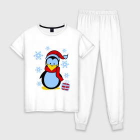 Женская пижама хлопок с принтом Пингвин в новогодней шапке , 100% хлопок | брюки и футболка прямого кроя, без карманов, на брюках мягкая резинка на поясе и по низу штанин | пингвин