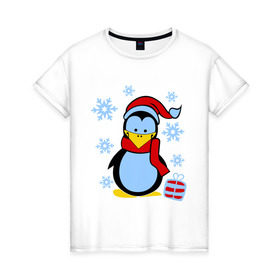 Женская футболка хлопок с принтом Пингвин в новогодней шапке , 100% хлопок | прямой крой, круглый вырез горловины, длина до линии бедер, слегка спущенное плечо | пингвин