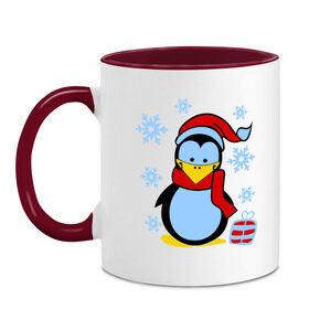 Кружка двухцветная с принтом Пингвин в новогодней шапке , керамика | объем — 330 мл, диаметр — 80 мм. Цветная ручка и кайма сверху, в некоторых цветах — вся внутренняя часть | пингвин