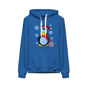 Женская толстовка хлопок с принтом Пингвин в новогодней шапке , френч-терри, мягкий теплый начес внутри (100% хлопок) | карман-кенгуру, эластичные манжеты и нижняя кромка, капюшон с подкладом и шнурком | пингвин