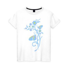 Женская футболка хлопок с принтом Бабочки на цветке , 100% хлопок | прямой крой, круглый вырез горловины, длина до линии бедер, слегка спущенное плечо | 