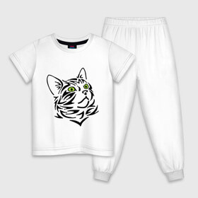 Детская пижама хлопок с принтом Узор - кот , 100% хлопок |  брюки и футболка прямого кроя, без карманов, на брюках мягкая резинка на поясе и по низу штанин
 | глаза | киска | кот с зеленными глазами | кошки | силуэт  кота | узор   кот