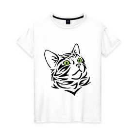 Женская футболка хлопок с принтом Узор - кот , 100% хлопок | прямой крой, круглый вырез горловины, длина до линии бедер, слегка спущенное плечо | глаза | киска | кот с зеленными глазами | кошки | силуэт  кота | узор   кот
