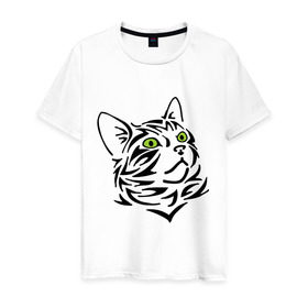 Мужская футболка хлопок с принтом Узор - кот , 100% хлопок | прямой крой, круглый вырез горловины, длина до линии бедер, слегка спущенное плечо. | глаза | киска | кот с зеленными глазами | кошки | силуэт  кота | узор   кот
