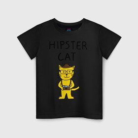 Детская футболка хлопок с принтом Кот хипстер , 100% хлопок | круглый вырез горловины, полуприлегающий силуэт, длина до линии бедер | кот | кот в шляпе | кот хипстер | котики | прикольные картинки
