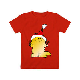Детская футболка хлопок с принтом Кот в красной шапке , 100% хлопок | круглый вырез горловины, полуприлегающий силуэт, длина до линии бедер | золотой котик | идеи подарков | кот в красной шапке | кот в новогодней шляпе | новый год