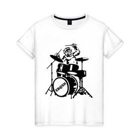 Женская футболка хлопок с принтом Обезьяна с барабанами , 100% хлопок | прямой крой, круглый вырез горловины, длина до линии бедер, слегка спущенное плечо | барабан | музыка | обезьяна с барабанами | разное