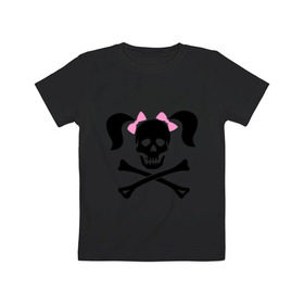 Детская футболка хлопок с принтом Девочка пиратка , 100% хлопок | круглый вырез горловины, полуприлегающий силуэт, длина до линии бедер | Тематика изображения на принте: бантики | девочка | череп | череп с  хвостиками | череп с бантиками