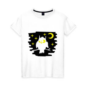 Женская футболка хлопок с принтом Сова в ночном небе , 100% хлопок | прямой крой, круглый вырез горловины, длина до линии бедер, слегка спущенное плечо | сова