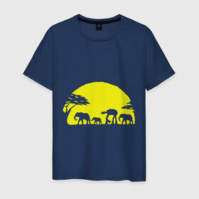 Мужская футболка хлопок с принтом Слоники , 100% хлопок | прямой крой, круглый вырез горловины, длина до линии бедер, слегка спущенное плечо. | африканский | африканское солнце | животные | слоны  на фоне солнца | солнце | этнический