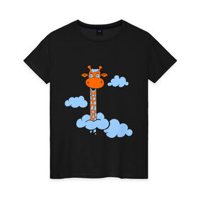 Женская футболка хлопок с принтом Жираф в облаках , 100% хлопок | прямой крой, круглый вырез горловины, длина до линии бедер, слегка спущенное плечо | детям | животные | жираф | жираф в облаках | жирафик | облака | прикольные картинки