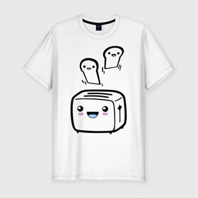 Мужская футболка премиум с принтом Позитивный тостер , 92% хлопок, 8% лайкра | приталенный силуэт, круглый вырез ворота, длина до линии бедра, короткий рукав | Тематика изображения на принте: бутерброд | гренки | еда | позитив | позитивный тостер | смайл | тостер | хлеб