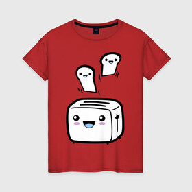Женская футболка хлопок с принтом Позитивный тостер , 100% хлопок | прямой крой, круглый вырез горловины, длина до линии бедер, слегка спущенное плечо | бутерброд | гренки | еда | позитив | позитивный тостер | смайл | тостер | хлеб