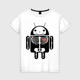 Женская футболка хлопок с принтом Андроид скелет с сердцем , 100% хлопок | прямой крой, круглый вырез горловины, длина до линии бедер, слегка спущенное плечо | 