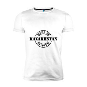 Мужская футболка премиум с принтом Made in Kazakhstan (Сделано в Казахстане) , 92% хлопок, 8% лайкра | приталенный силуэт, круглый вырез ворота, длина до линии бедра, короткий рукав | Тематика изображения на принте: made in kazakhstan | разное | сделано в казахстане | туристические