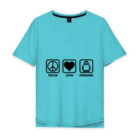 Мужская футболка хлопок Oversize с принтом Peace Love Penguins (мир, любовь, пингвины) , 100% хлопок | свободный крой, круглый ворот, “спинка” длиннее передней части | peace love penguins | животные | любовь | мир | пингвины