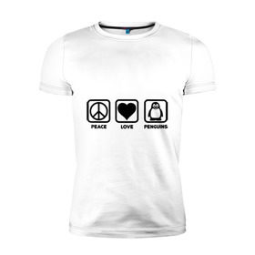 Мужская футболка премиум с принтом Peace Love Penguins (мир, любовь, пингвины) , 92% хлопок, 8% лайкра | приталенный силуэт, круглый вырез ворота, длина до линии бедра, короткий рукав | peace love penguins | животные | любовь | мир | пингвины