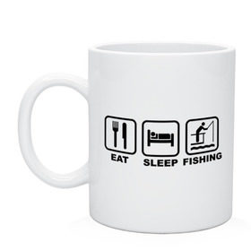 Кружка с принтом Eat Sleep Fishing , керамика | объем — 330 мл, диаметр — 80 мм. Принт наносится на бока кружки, можно сделать два разных изображения | eat sleep fishing | еда | машина | рыбалка