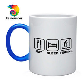 Кружка хамелеон с принтом Eat Sleep Fishing , керамика | меняет цвет при нагревании, емкость 330 мл | eat sleep fishing | еда | машина | рыбалка