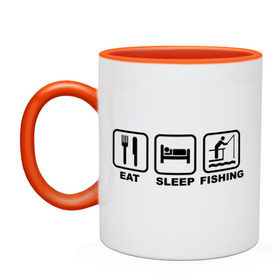 Кружка двухцветная с принтом Eat Sleep Fishing , керамика | объем — 330 мл, диаметр — 80 мм. Цветная ручка и кайма сверху, в некоторых цветах — вся внутренняя часть | eat sleep fishing | еда | машина | рыбалка